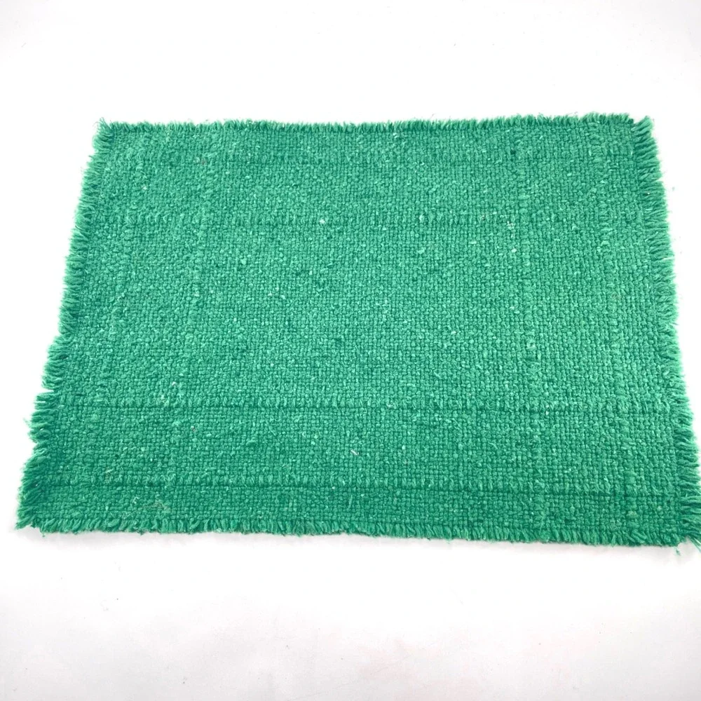 Vintage Set 6 Kelly Green Woven Placemats Fringed Boho Mid Century Retro Table